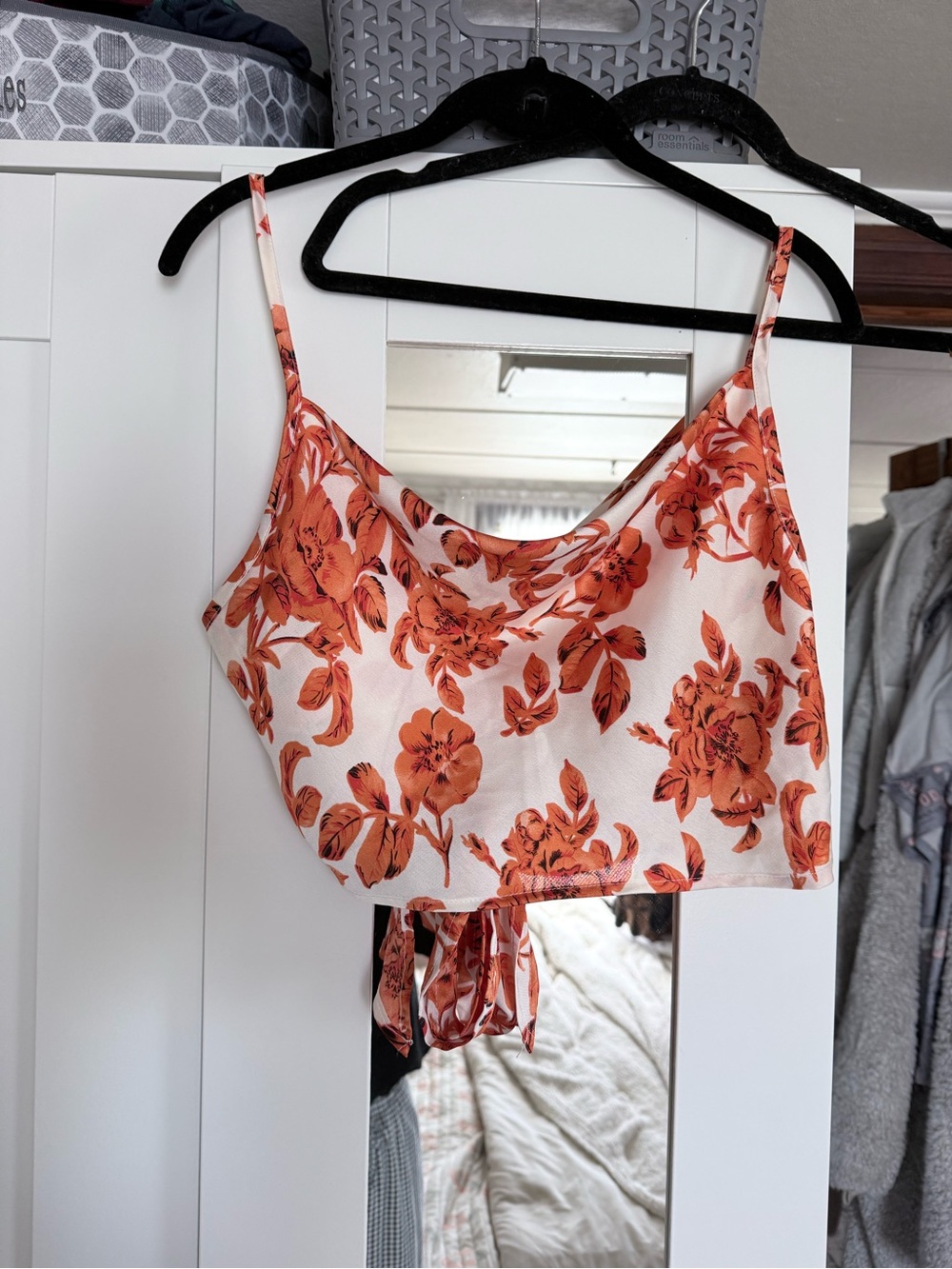Floral Satin Cowl Neck Cropped Cami Top - Orange Floral